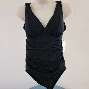 NWT! Time and Tru Black Women's One Piece Slimming Ruched Shirring Swimsuit